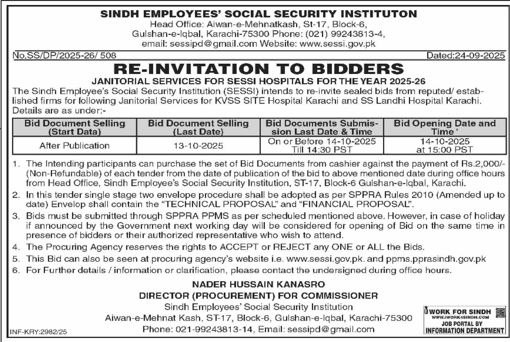 Sindh Employees Social Security Institution Karachi Tender Notice